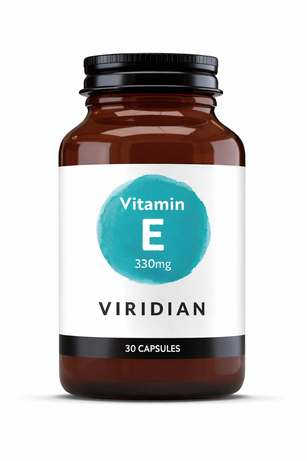 A 30-capsule amber glass jar of Viridian Vitamin E 330mg food supplement with a white label and a turquoise watercolor-style circle, isolated on a white background.