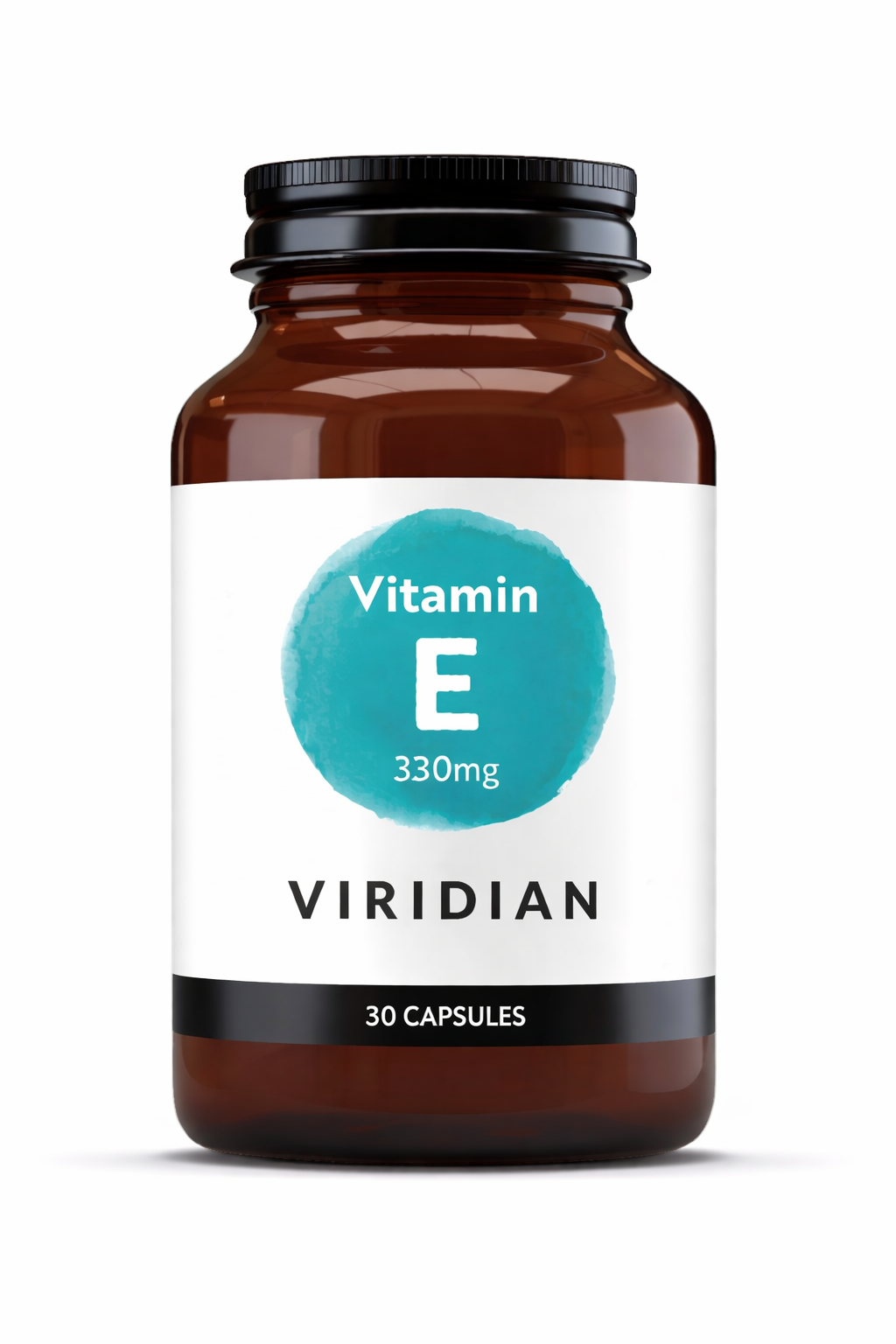 A 30-capsule amber glass jar of Viridian Vitamin E 330mg food supplement with a white label and a turquoise watercolor-style circle, isolated on a white background.