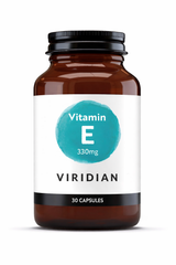 A 30-capsule amber glass jar of Viridian Vitamin E 330mg food supplement with a white label and a turquoise watercolor-style circle, isolated on a white background.