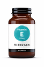 A 30-capsule amber glass jar of Viridian Vitamin E 330mg food supplement with a white label and a turquoise watercolor-style circle, isolated on a white background.