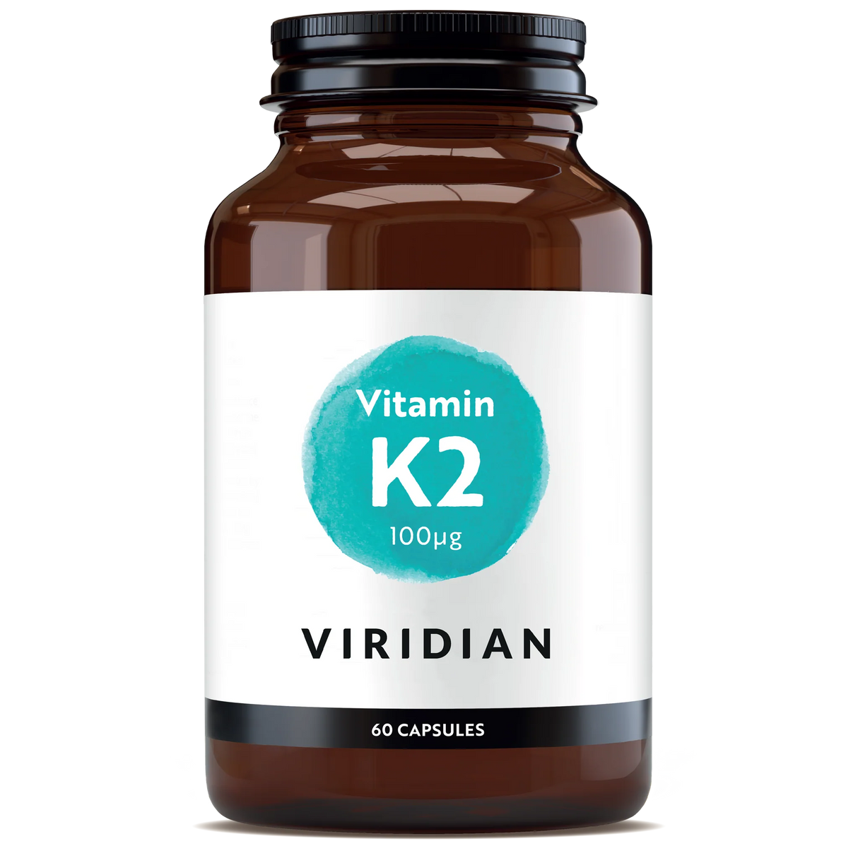 A 60-capsule amber glass jar of Viridian Vitamin K2 100µg food supplement with a white label and a turquoise watercolor-style circle, isolated on a white background.