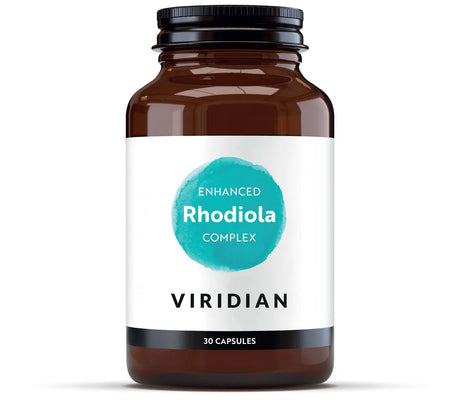 Viridian Enhanced Rhodiola Complex vegan capsules with Siberian Ginseng and Ashwagandha for stress relief and energy support.