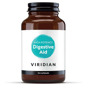 Viridian High Potency Digestive Aid vegan capsules with enzymes Betaine HCl Ginger and Peppermint for bloating and digestion support.