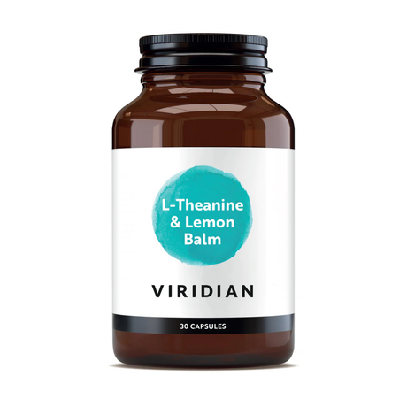 Viridian L-Theanine and Lemon Balm 90 vegan capsules for relaxation, stress relief, and mental focus support.