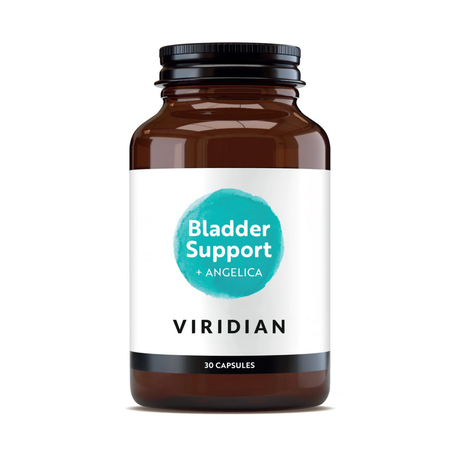 Brown supplement bottle labeled 'Bladder Support + Angelica' by Viridian on a white background