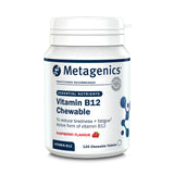 Product bottle of Metagenics Vitamin B12 Chewable, raspberry flavor tablets designed to reduce tiredness and fatigue with an active form of vitamin B12, 120 chewable tablets.