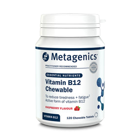 Product bottle of Metagenics Vitamin B12 Chewable, raspberry flavor tablets designed to reduce tiredness and fatigue with an active form of vitamin B12, 120 chewable tablets.