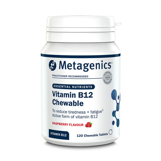Product bottle of Metagenics Vitamin B12 Chewable, raspberry flavor tablets designed to reduce tiredness and fatigue with an active form of vitamin B12, 120 chewable tablets.