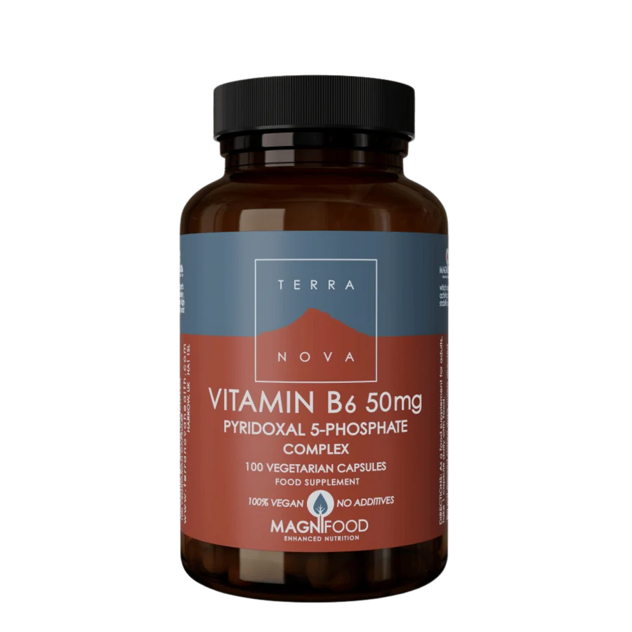 Terranova Vitamin B6 50mg Pyridoxal 5-Phosphate complex, 100 vegan capsules for nutritional support.