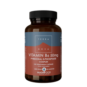 Terranova Vitamin B6 50mg Pyridoxal 5-Phosphate complex, 100 vegan capsules for nutritional support.