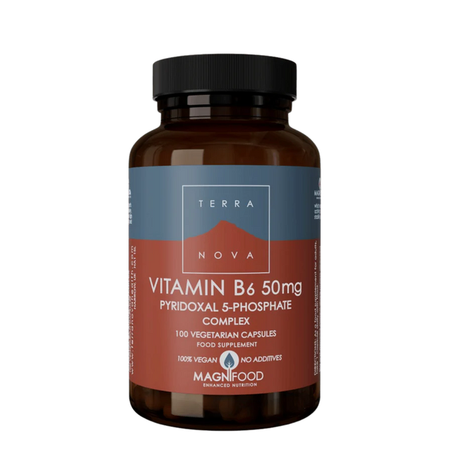 Terranova Vitamin B6 50mg Pyridoxal 5-Phosphate complex, 100 vegan capsules for nutritional support.