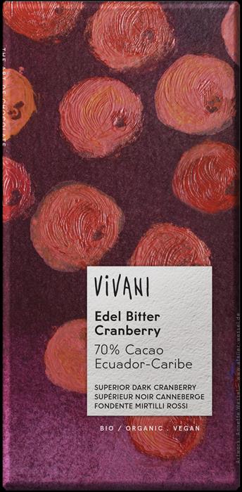 Vivani Organic Chocolate 70% Cacao Edel Bitter Cranberry Dark Chocolate bar.