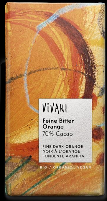 Vivani Organic Chocolate 70% Cacao Bitter Orange Fine Dark Chocolate bar.