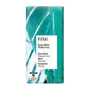 Vivani Fine Dark Peppermint chocolate bar featuring an artistic teal and white painted wrapper with black text.