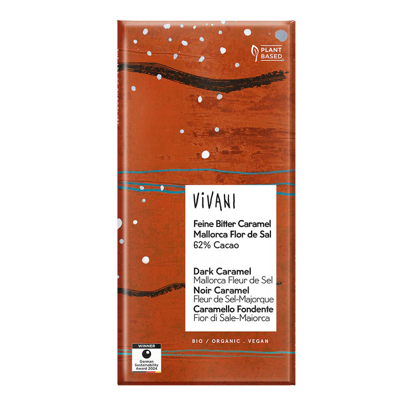 Vivani Dark Caramel Mallorca Fleur de Sel chocolate bar featuring an artistic reddish-brown painted wrapper with black text.