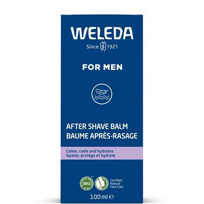 A blue 100ml box of Weleda After Shave Balm for men featuring a feather icon, a purple stripe, and organic certification logos.