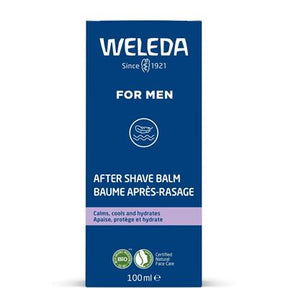 A blue 100ml box of Weleda After Shave Balm for men featuring a feather icon, a purple stripe, and organic certification logos.