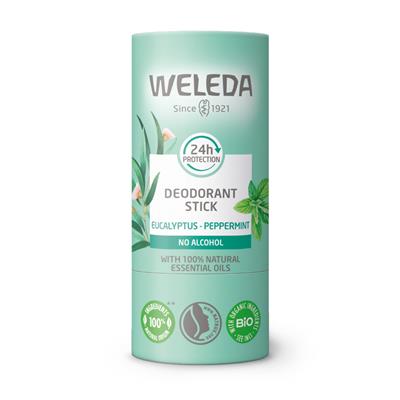 A light teal tube of Weleda Eucalyptus - Peppermint Deodorant Stick with illustrations of mint and eucalyptus leaves, featuring a "24h protection" icon and "no alcohol" label.