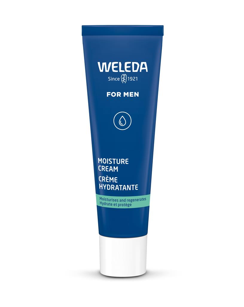 A blue tube of Weleda Moisture Cream for Men featuring a white water drop icon and a light green band at the bottom.