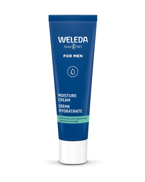A blue tube of Weleda Moisture Cream for Men featuring a white water drop icon and a light green band at the bottom.