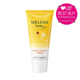 A yellow and white tube of Weleda Baby Nappy Change Cream with a ladybird and flower illustration, featuring a "LovedByParents Best Buy Platinum 2026" award seal.