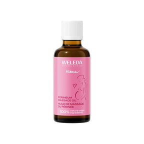 A brown glass bottle of Weleda Mama Perineum Massage Oil with a pink label featuring an illustration of a pregnant woman.