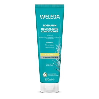 A teal 150ml tube of Weleda Rosmarin Revitalising Conditioner with rosemary and hydrolyzed protein, featuring a botanical rosemary leaf illustration.