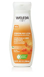 A white bottle of Weleda Hydrating Body Lotion featuring an orange label with sea buckthorn extracts and berry illustrations, designed to deeply quench and restore dry skin.