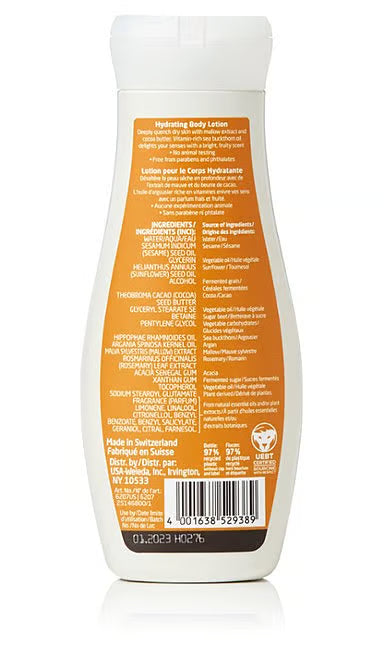 The back of a white Weleda body lotion bottle featuring an orange label with a list of ingredients including sea buckthorn oil and mallow extract, alongside manufacturing information for the Hydrating Body Lotion.