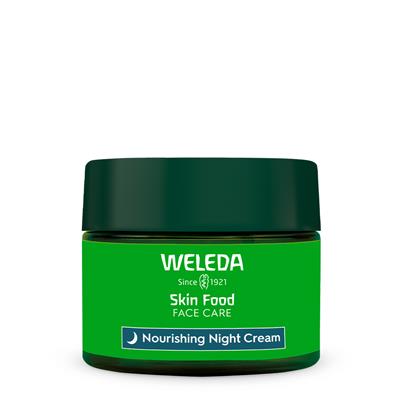 A green jar of Weleda Skin Food Nourishing Night Cream with a dark green lid and a blue label featuring a crescent moon icon.