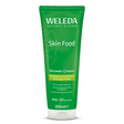 A green 200ml tube of Weleda Skin Food Shower Cream for smooth, soft skin, featuring "100% natural origin ingredients" branding.