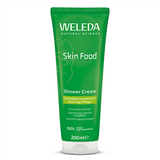 A green 200ml tube of Weleda Skin Food Shower Cream for smooth, soft skin, featuring "100% natural origin ingredients" branding.