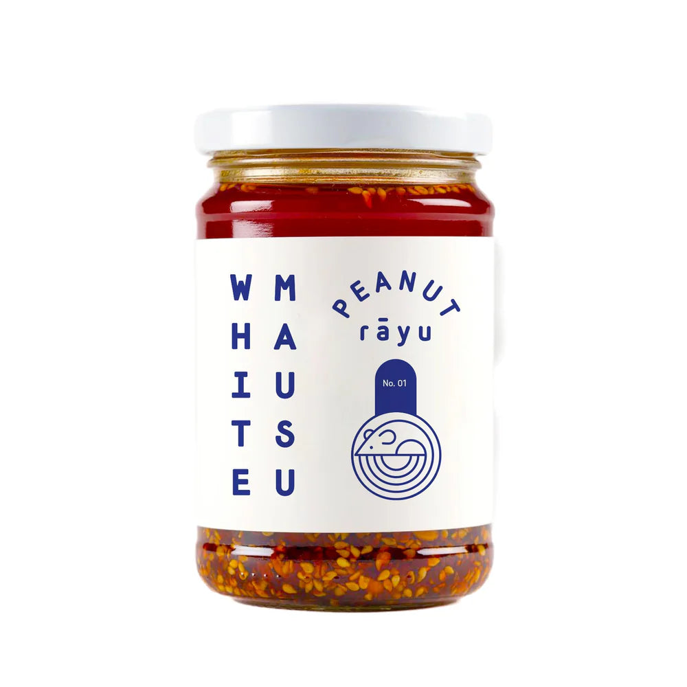 White Mausu Peanut Rāyu No. 01 chili oil condiment in a glass jar.