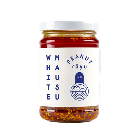 White Mausu Peanut Rāyu No. 01 chili oil condiment in a glass jar.