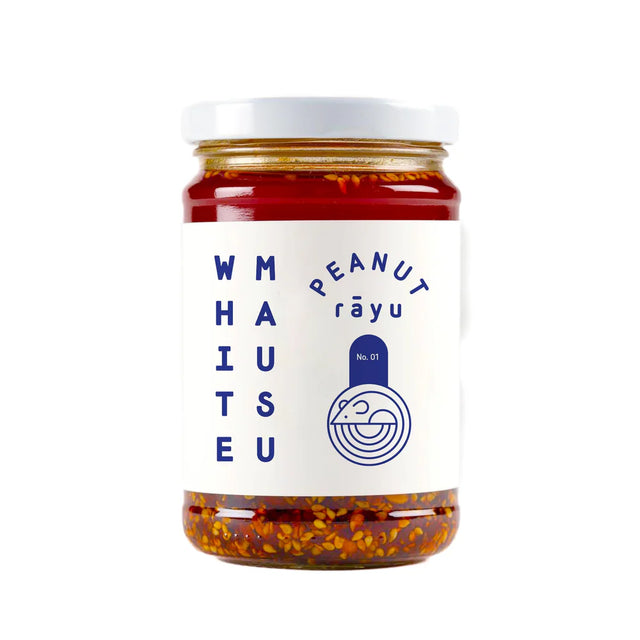 White Mausu Peanut Rāyu No. 01 chili oil condiment in a glass jar.