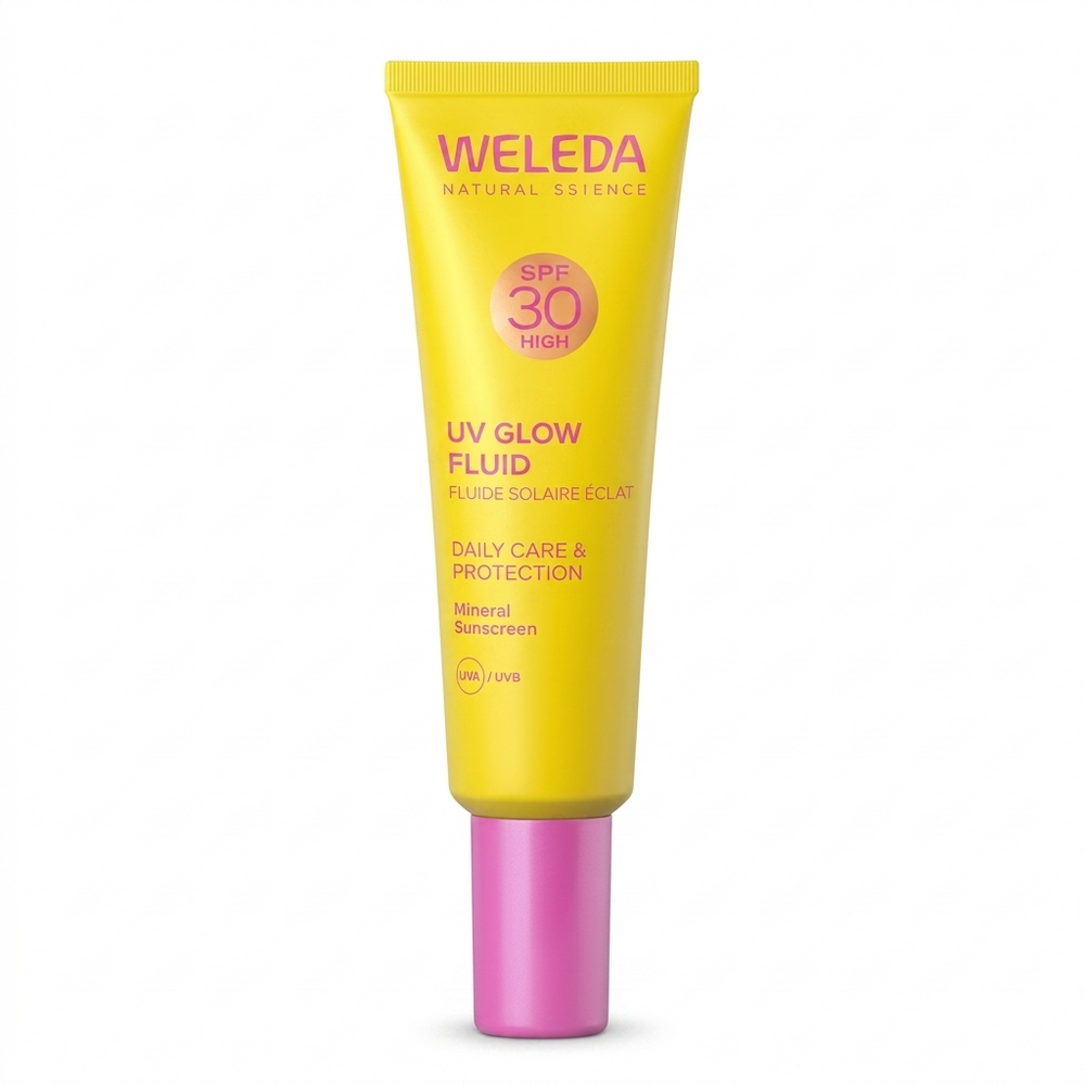Weleda UV Glow Fluid SPF30 Daily Care & Protection mineral sunscreen tube.