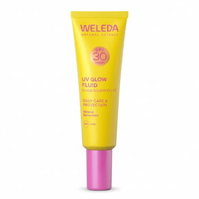 Weleda UV Glow Fluid SPF30 Daily Care & Protection mineral sunscreen tube.