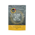 A 250g grey and yellow resealable pouch of True Organic Whey Protein featuring a yellow circular logo and white text.