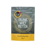 A 250g grey and yellow resealable pouch of True Organic Whey Protein featuring a yellow circular logo and white text.
