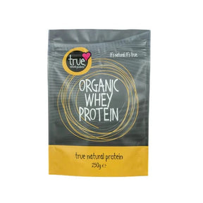 A 250g grey and yellow resealable pouch of True Organic Whey Protein featuring a yellow circular logo and white text.