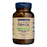 An amber glass bottle of Wiley's Finest Wild Alaskan Fish Oil "Easy Swallow Minis" dietary supplement, containing 180 softgels for general wellness support, featuring a blue flip-top cap and a tan label stating 630mg EPA + DHA per serving.
