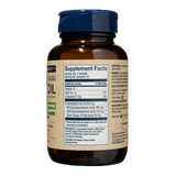 A side-angle view of an amber glass bottle of Wiley's Finest Easy Swallow Minis fish oil, displaying the "Supplement Facts" panel for a 30-day supply (serving size 2 softgels) on a tan label with a blue flip-top cap.