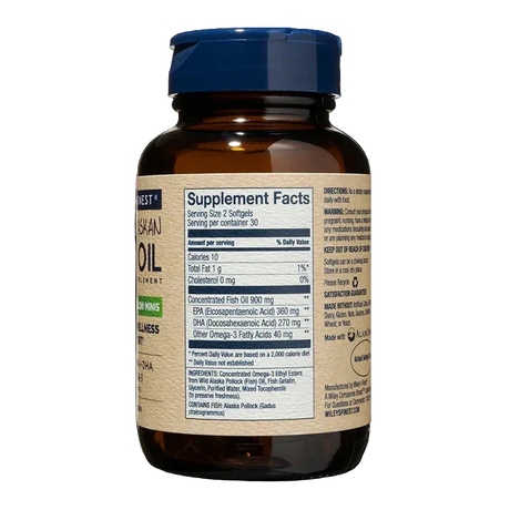 A side-angle view of an amber glass bottle of Wiley's Finest Easy Swallow Minis fish oil, displaying the "Supplement Facts" panel for a 30-day supply (serving size 2 softgels) on a tan label with a blue flip-top cap.