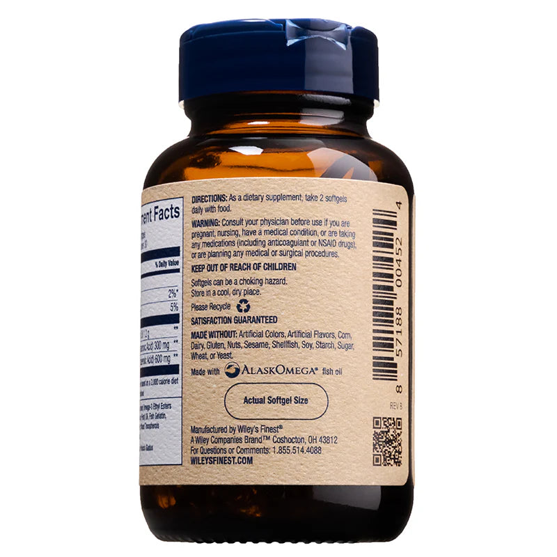 The back view of an amber glass bottle of Wiley's Finest Peak DHA, showing directions for use, a "Made Without" list, an "Actual Softgel Size" illustration, and a barcode on a tan label.