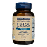 An amber glass bottle of Wiley's Finest Wild Alaskan Fish Oil Peak EPA dietary supplement, containing 30 softgels for heart and joint support, featuring a blue flip-top cap and a tan label stating 1000mg EPA + DHA per serving.
