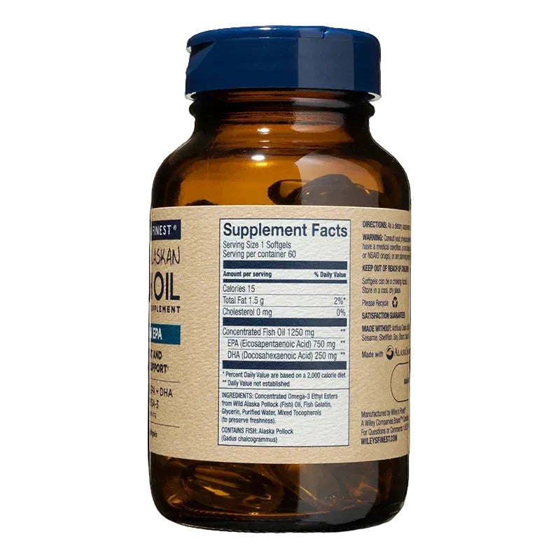 A side-angle view of an amber glass bottle of Wiley's Finest Peak EPA fish oil, showing the "Supplement Facts" panel on a tan label and clear softgels visible inside the bottle.