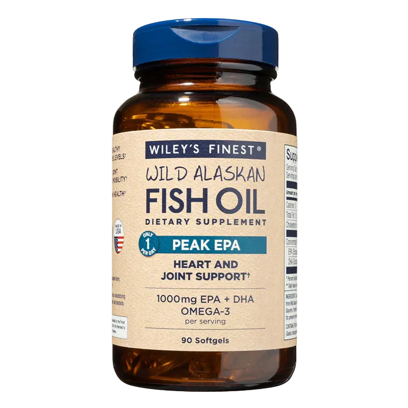 An amber glass bottle of Wiley's Finest Wild Alaskan Fish Oil Peak EPA dietary supplement containing 90 softgels for heart and joint support, featuring a blue flip-top cap and a tan label stating 1000mg EPA + DHA per serving.