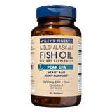 An amber glass bottle of Wiley's Finest Wild Alaskan Fish Oil Peak EPA dietary supplement containing 90 softgels for heart and joint support, featuring a blue flip-top cap and a tan label stating 1000mg EPA + DHA per serving.