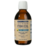 An 8.45 fl oz (250 ml) amber glass bottle of Wiley's Finest Wild Alaskan Fish Oil, Peak Omega-3 liquid dietary supplement for heart and joint support, featuring a white ribbed cap and a tan label with lemon imagery.