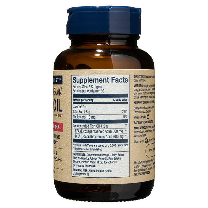 A side view of an amber glass bottle of Wiley's Finest Prenatal DHA, showing the "Supplement Facts" panel which lists 600mg of DHA and 300mg of EPA per serving of 2 softgels.